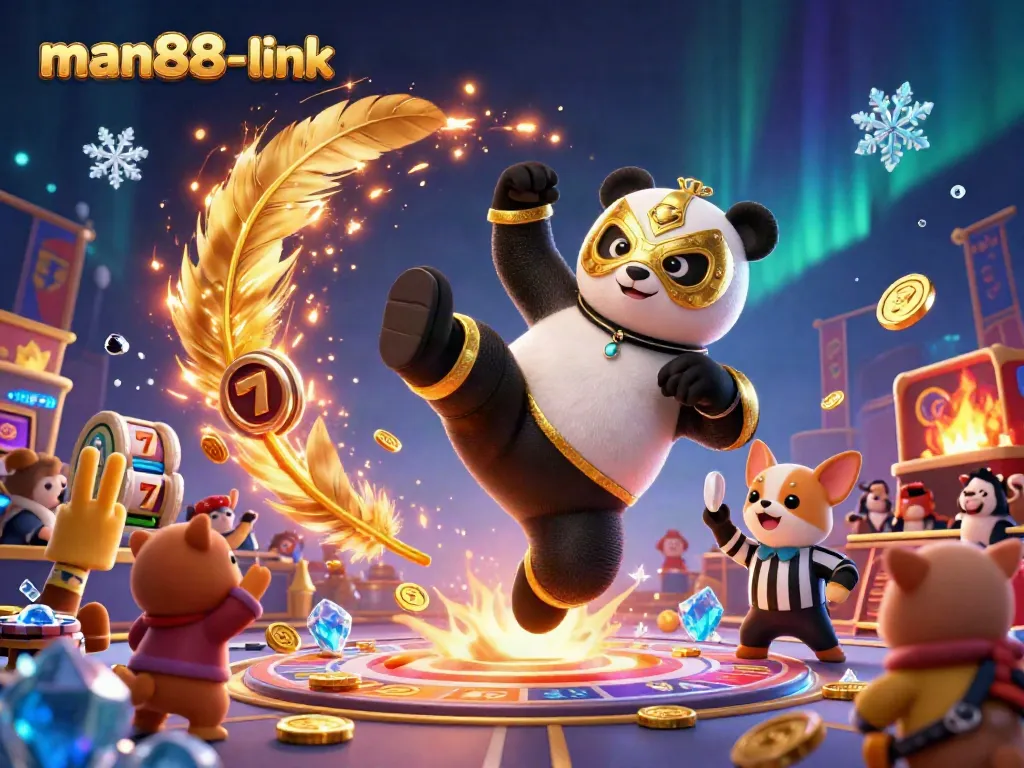 Experience the thrill of the man88-link casino with a lively illustration featuring a panda wrestling superstar surrounded by slot games.