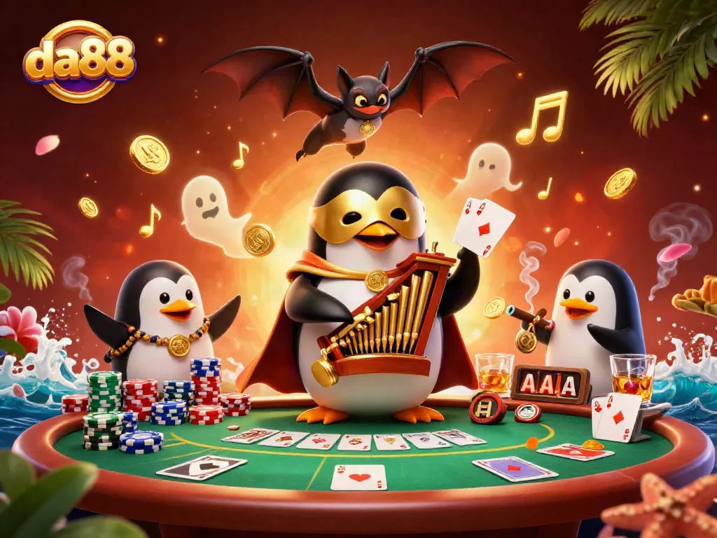 Experience the thrill of da88 with a vibrant, action-packed scene featuring an opera penguin and poker elements.
