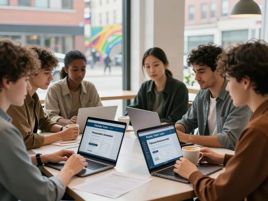 Group discussing payday loans at a cafe in Edmonton, promoting https://edmonton.paydayloans-on.ca/ services