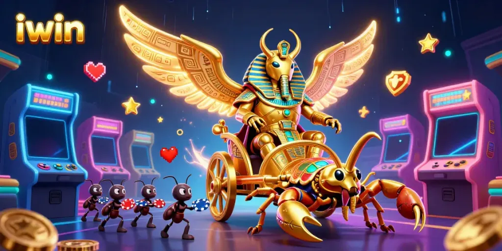 Engage with the thrilling world of iwin showcasing a golden scarab beetle in an electrifying casino atmosphere.