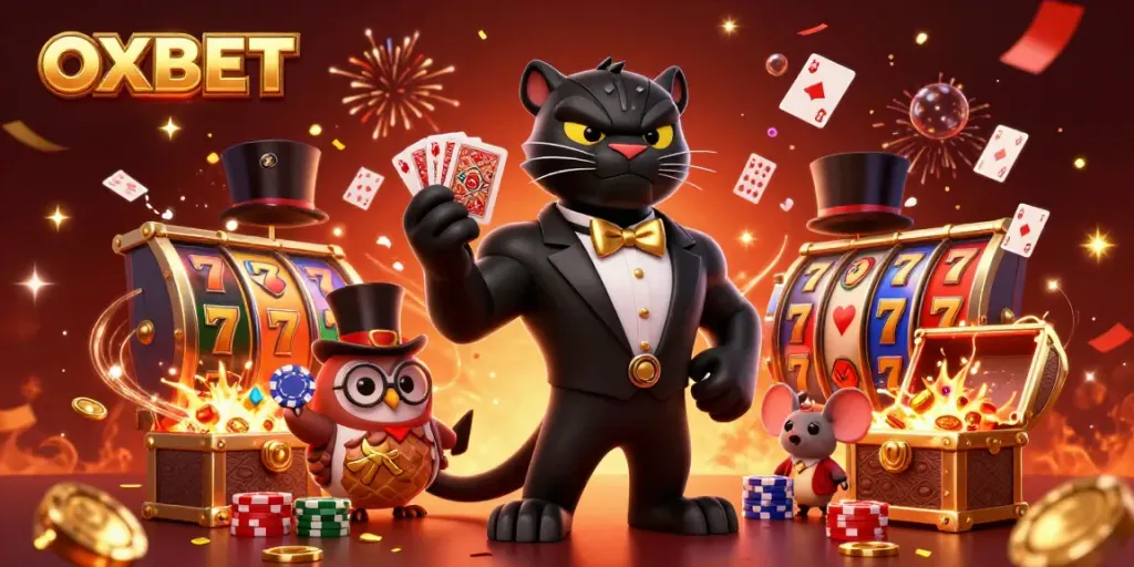 Experience the thrill of OXBET's casino with a stylish panther dealer, lucky owl, and chip-peeking mouse.
