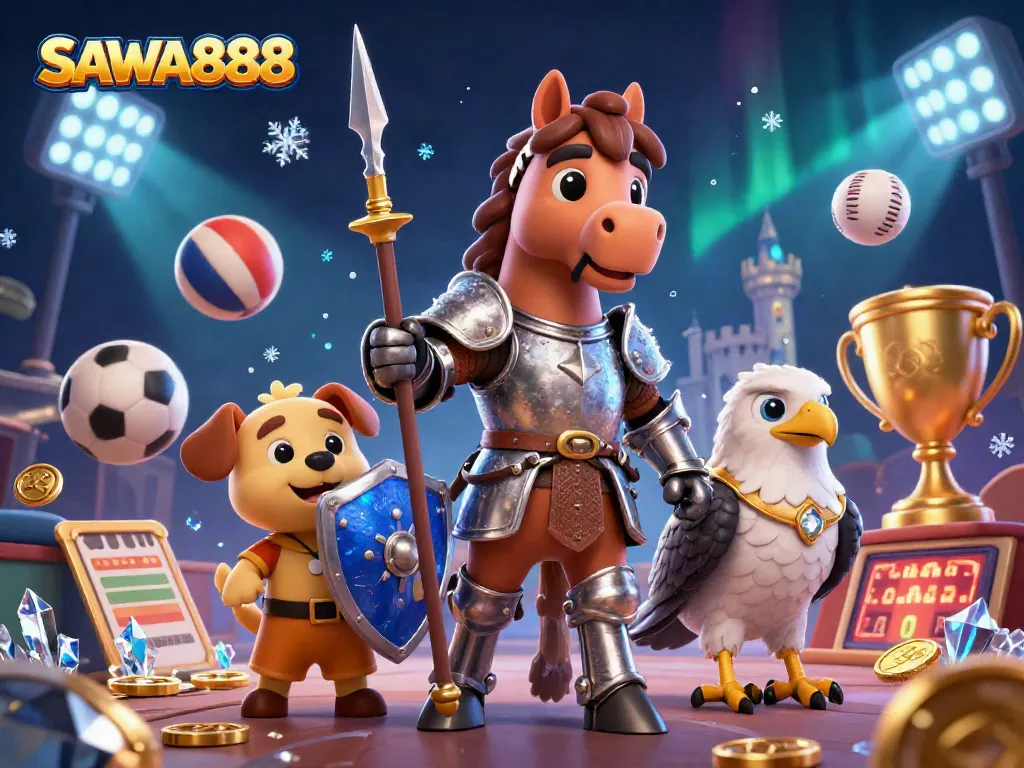 Engage with SAWA888’s thrilling casino scene featuring a knight, squire, and falcon amidst dynamic sports elements.
