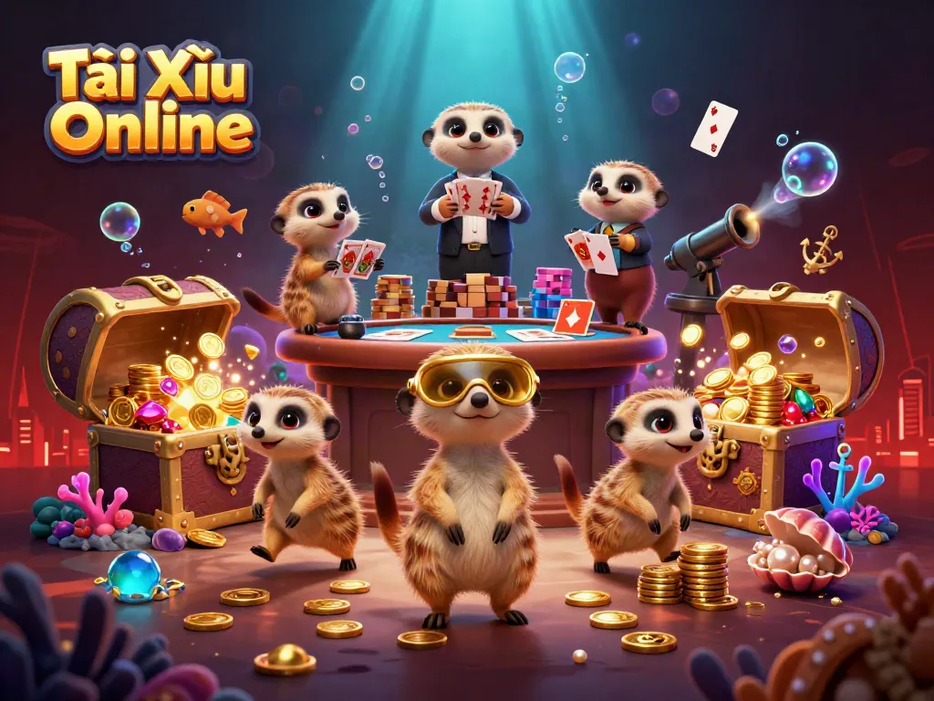 Experience the thrilling Tài Xỉu Online action with cartoon meerkats running a casino in an exciting underwater setting.