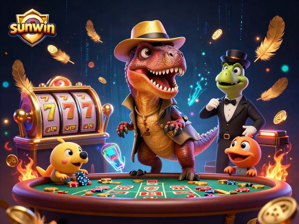 Sunwin jackpot action illustrated with a velociraptor card counter at a blackjack table.