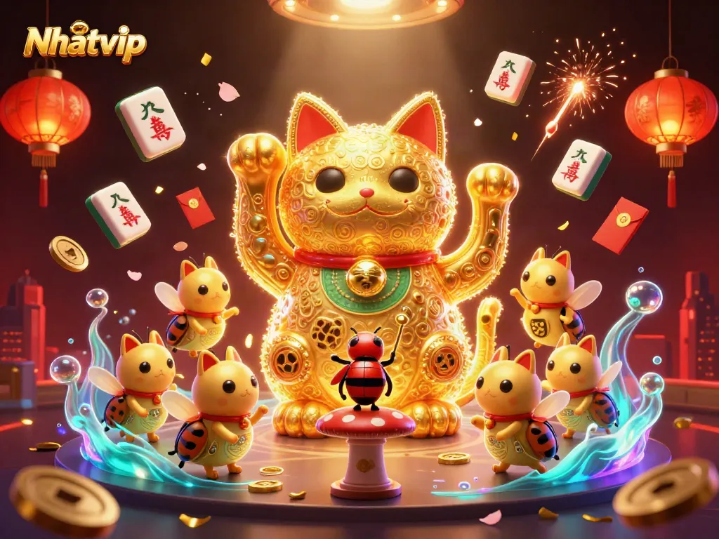 Nhatvip showcases a vibrant 3D illustration of a lucky cat and casino symbols, perfect for engaging gamblers.