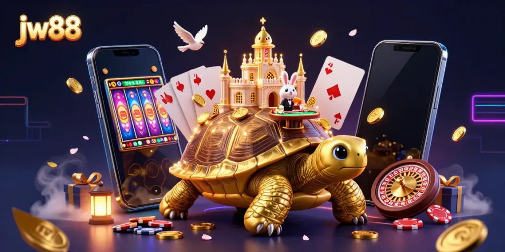 Engage in thrilling games at jw88 with a vibrant 3D illustration of casino elements, a golden tortoise, and dynamic action.