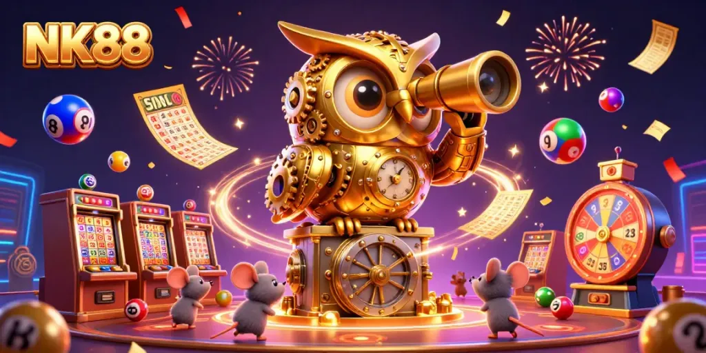 Experience the vibrant atmosphere of NK88's casino floor with captivating gaming elements.