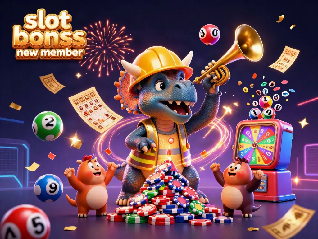 Celebrate with exciting slot bonus new member promotions featuring a vibrant 3D triceratops and parasaurolophus.