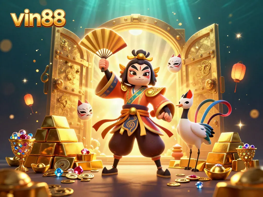Engage in a thrilling round of vin88 with vibrant casino elements, showcasing a kabuki warrior and treasures.