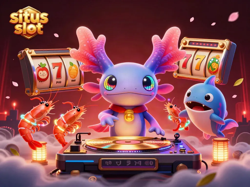 Menghadirkan situs slot dengan aksolotl DJ berwarna neon dan simbol slot yang berwarna-warni.