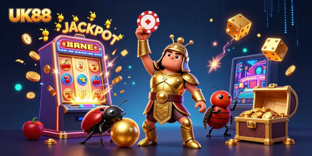 Engage with UK88's thrilling gaming experience featuring colorful jackpot visuals and lively characters.