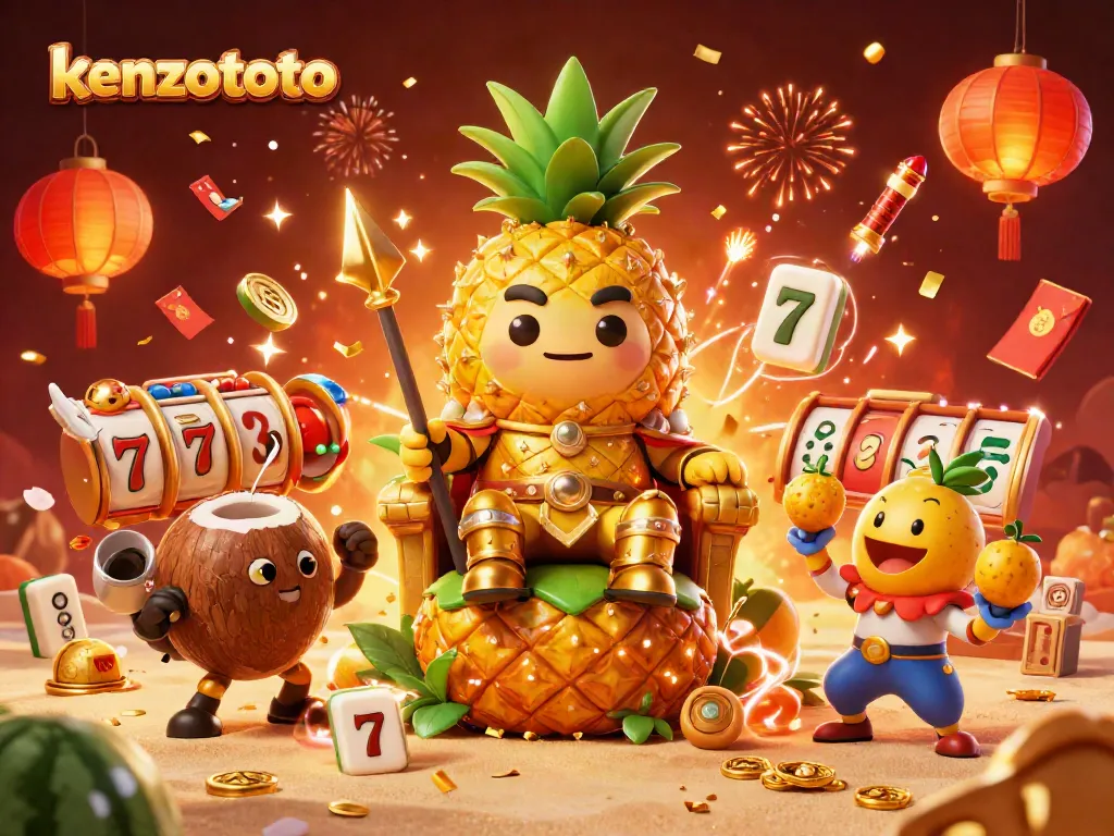 Experience the excitement of kenzototo with a lively scene featuring a golden pineapple king and slot reels on a beach casino.