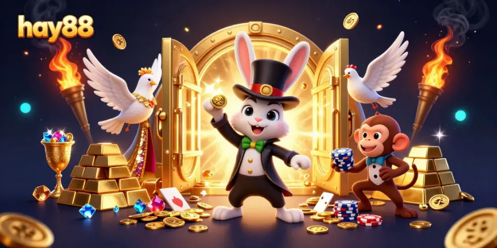 Interact with the enchanting world of hay88 as playful characters create winning magic through gold coins and poker chips.