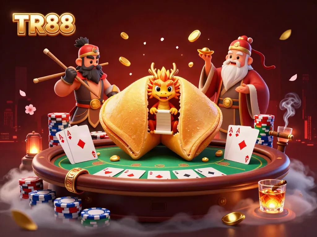 Experience the thrill of TR88 with a dynamic 3D scene featuring a golden cookie, poker chips, and vibrant casino elements.