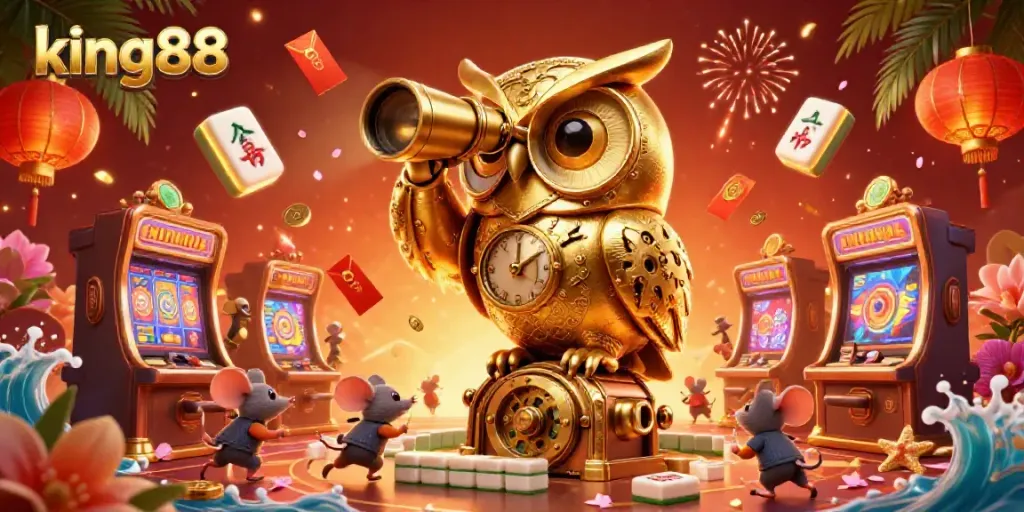 Engage with the exciting king88 casino atmosphere featuring a majestic golden owl and lively slot machines.