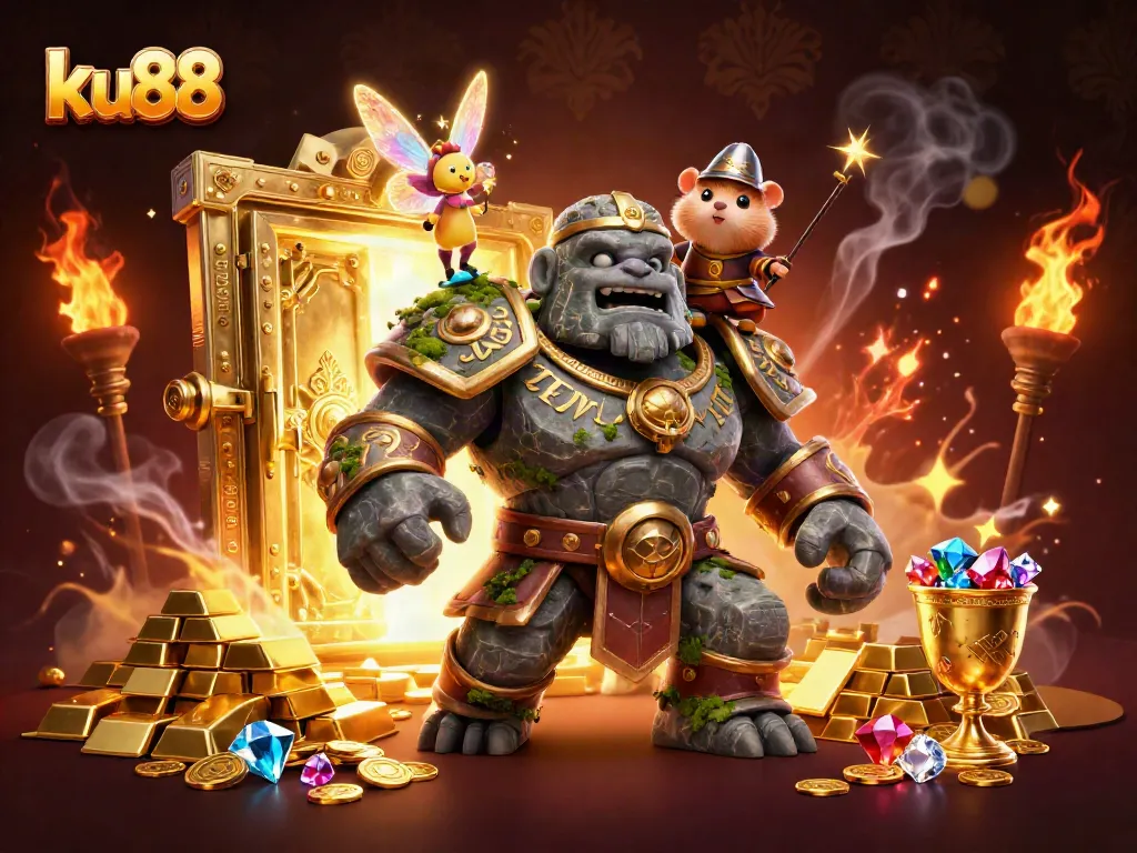 Experience thrilling wins at ku88 with a magical casino adventure featuring a golem guardian and magical elements.