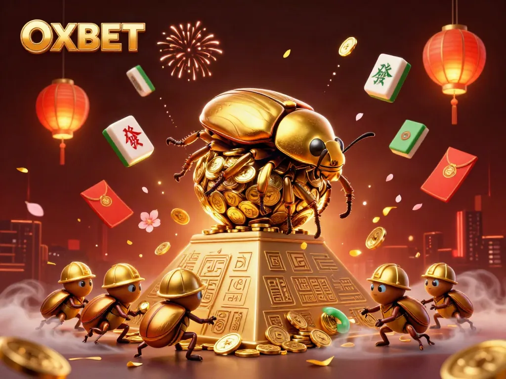 Experience the thrill of OXBET as golden beetles roll coins in a vibrant casino scene filled with lucky elements.