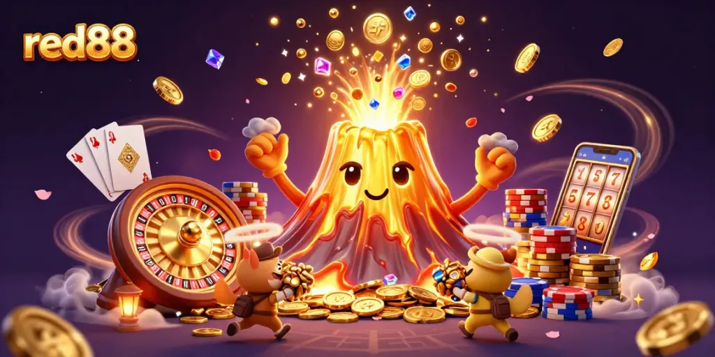 Experience the thrill of red88's exhilarating games with a gold volcano erupting treasures and lively characters.