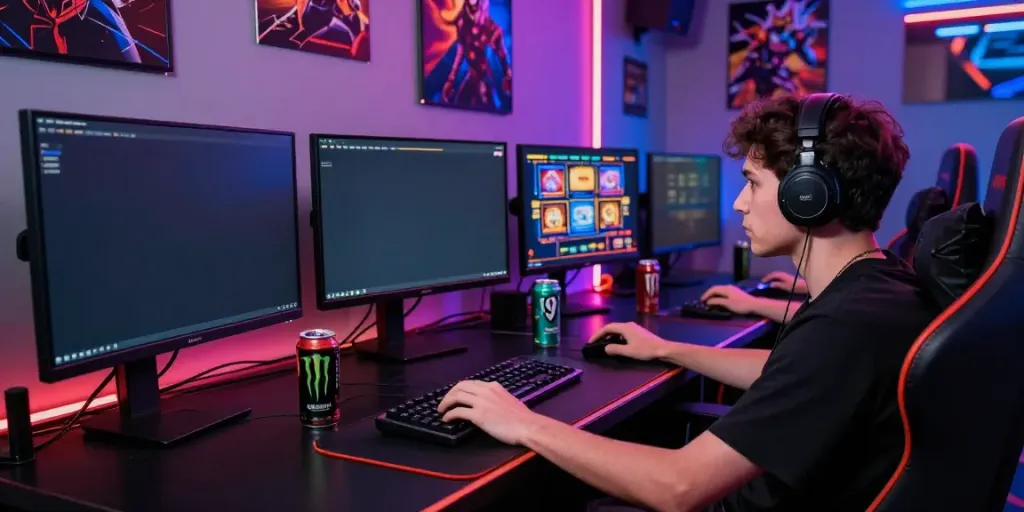 Situs gacor gaming experience with focused gamer at a colorful digital gaming setup, engaging in slot games.