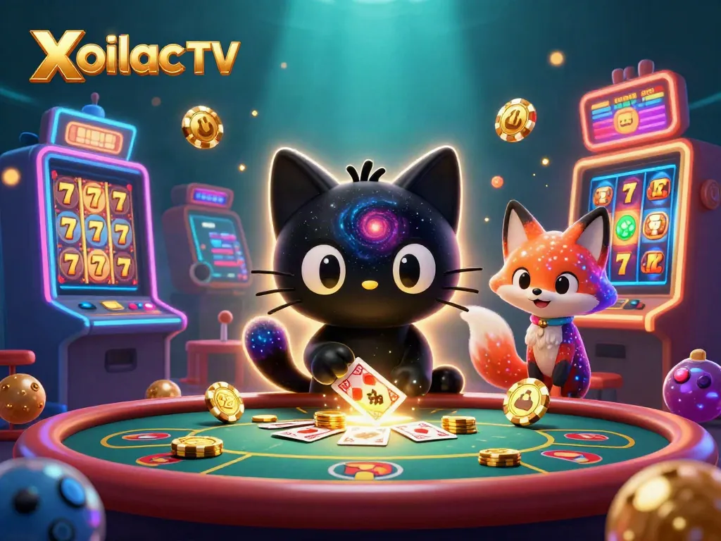 Xoilac TV brings exciting casino action with a cartoon black hole cat and colorful elements.