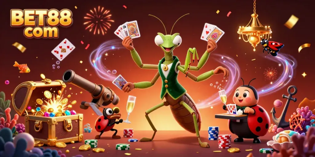 Experience the excitement of BET88 com with a dynamic illustration featuring a giant praying mantis dealer and vibrant casino elements.