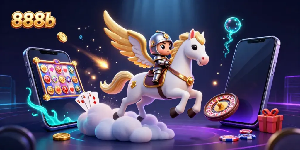 Experience the thrill of 888b with a 3D celestial knight riding a magical horse amid slot game imagery.