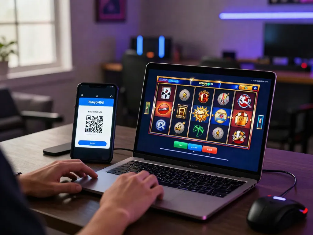 Player using slot qris feature on laptop with vibrant slot game display and smartphone.