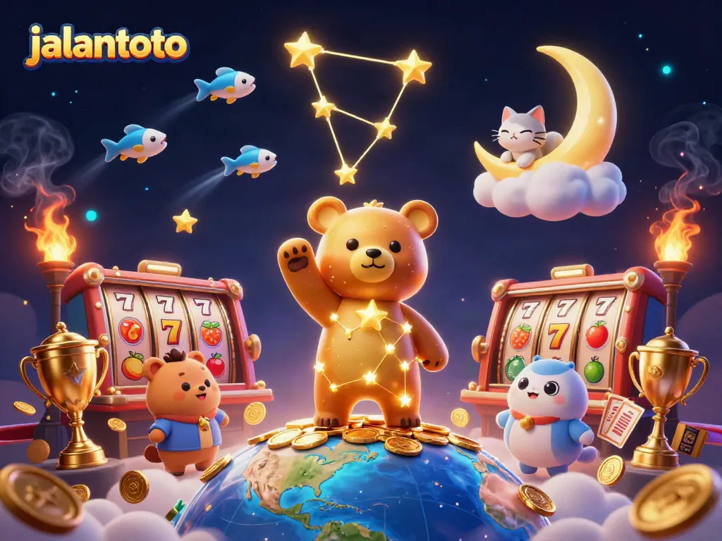 Experience jackpot thrills with jalantoto's dynamic 3D casino scene filled with vibrant slot games.