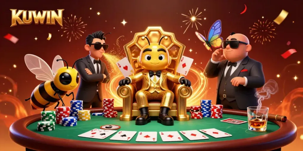 Engage with KUWIN's vibrant casino scene featuring a mob boss, poker table, and vivid game elements.