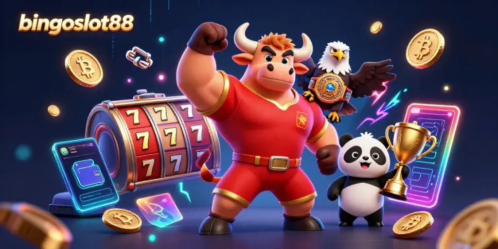Menggunakan bingoslot88, memenangkan permainan slot dengan karakter menarik di latar belakang yang cerah.
