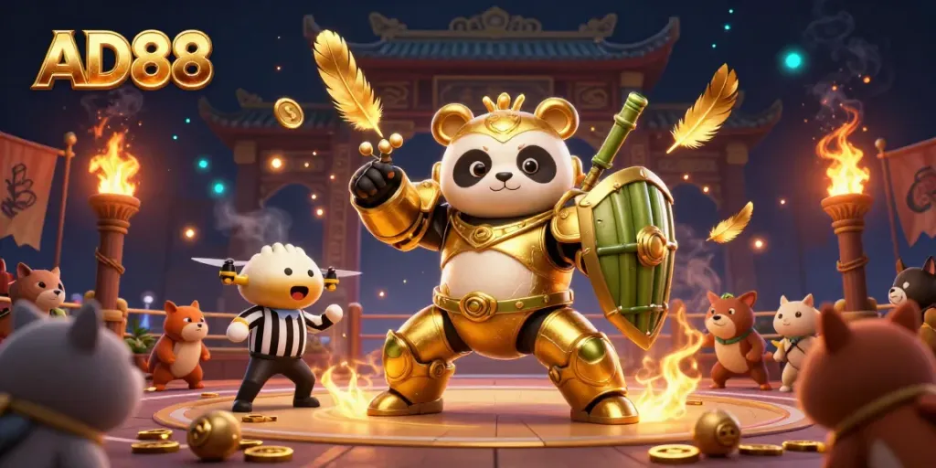 Experience the thrill of AD88 with a vibrant 3D scene featuring a mech-suit panda, dynamic casino elements, and energetic atmosphere.