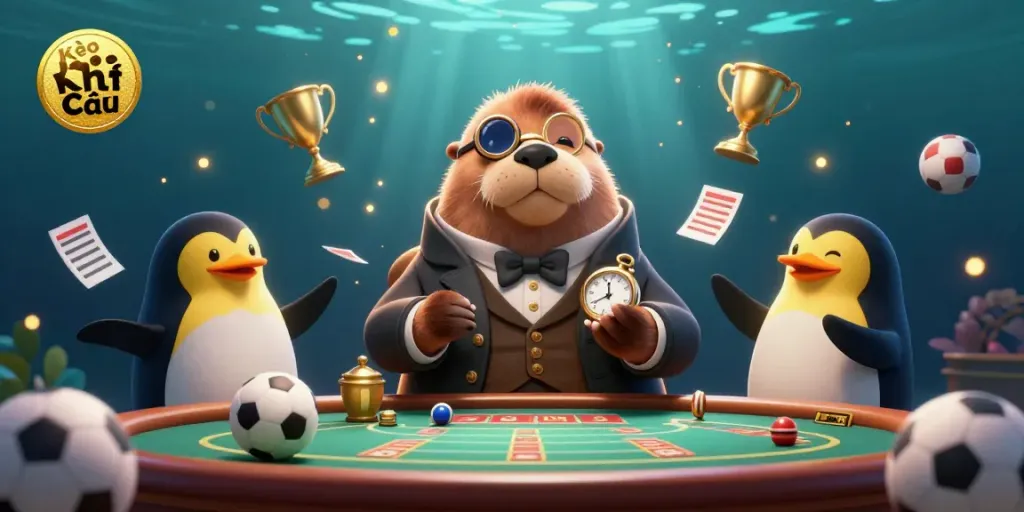 Engage with Kèo nhà cái while a walrus and friends bluff at a vibrant underwater sports betting table.