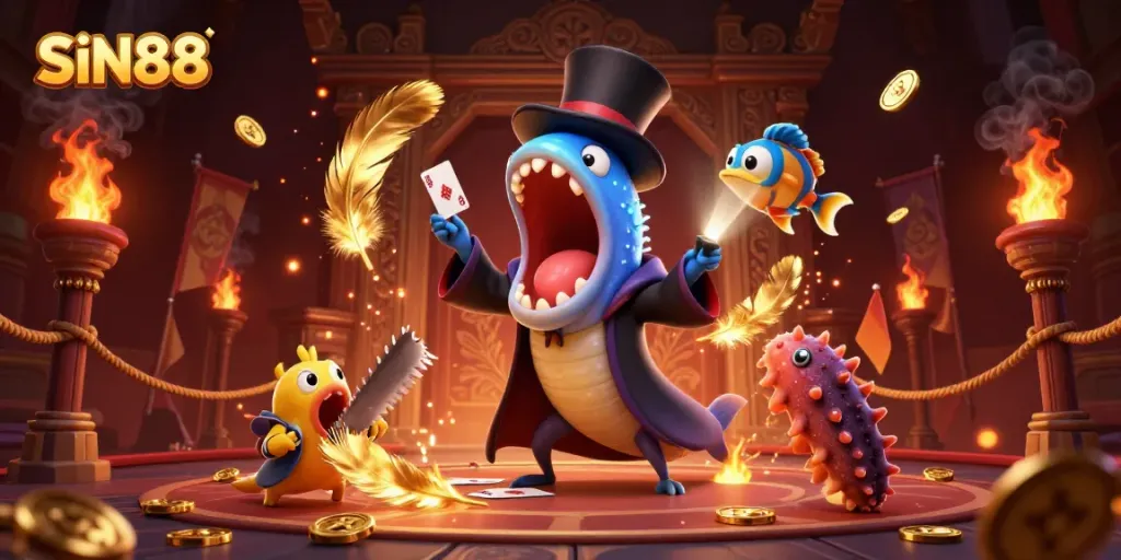 SIN88 brings excitement to the gaming world with a lively scene of deep-sea characters performing magical gambling stunts.