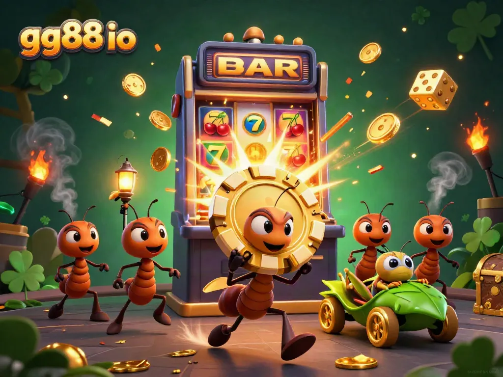 Experience thrilling action with gg88 io as cartoon ants carry a massive poker chip amidst slot machine chaos.