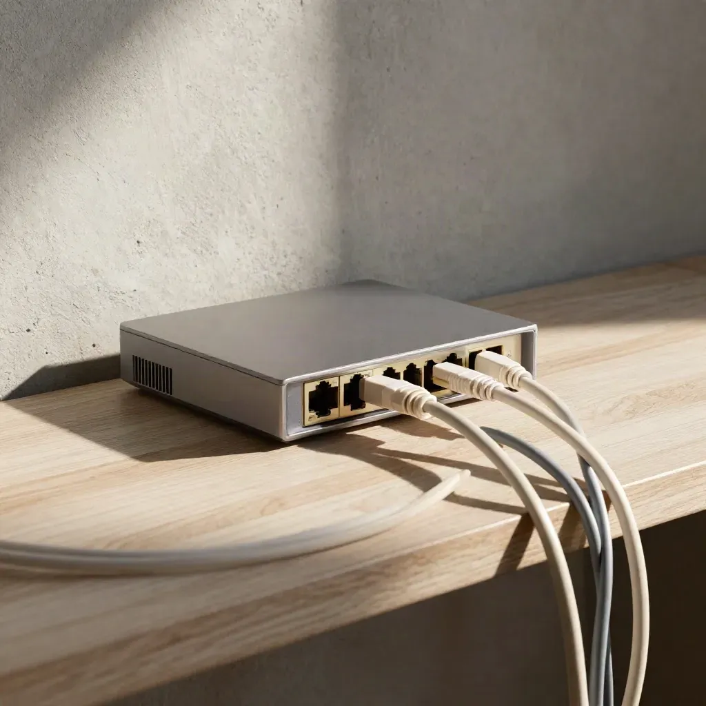 Router i trzy pętle kabli w jasnym świetle na stole laboratoryjnym.
