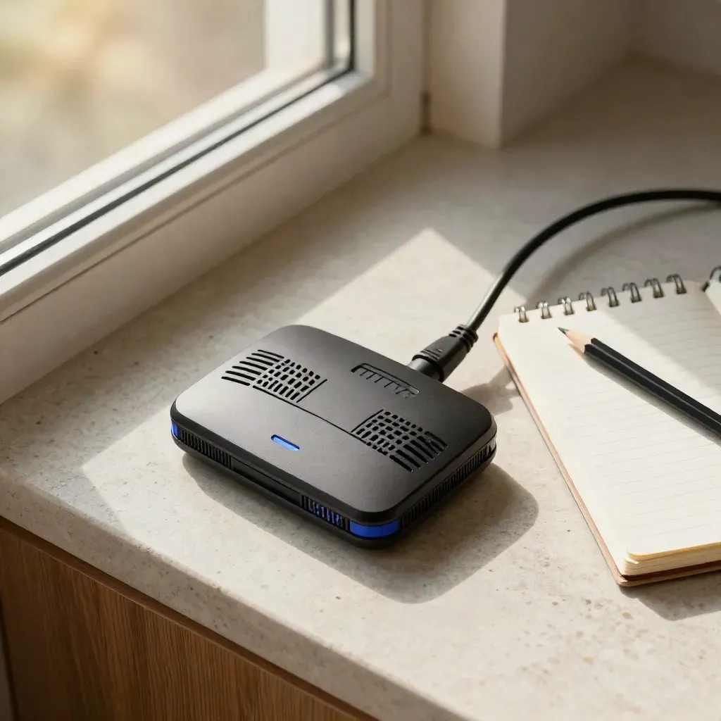 Poranny zestaw do nauki routingu: router, kabel Ethernet, otwarty notes i ołówek w ciepłym świetle.