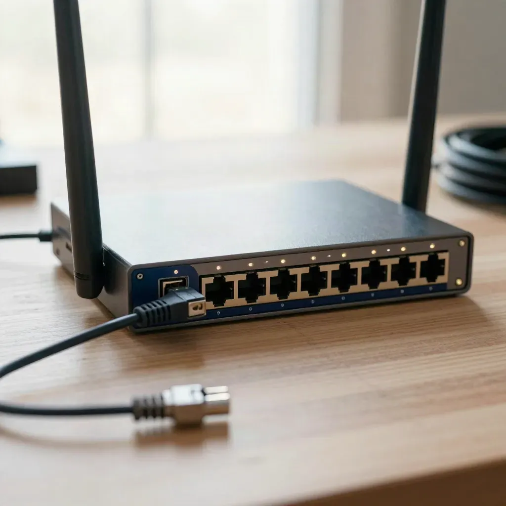 Router na stanowisku testowym, dwa kable i pętla loopback w chłodnym porannym świetle.