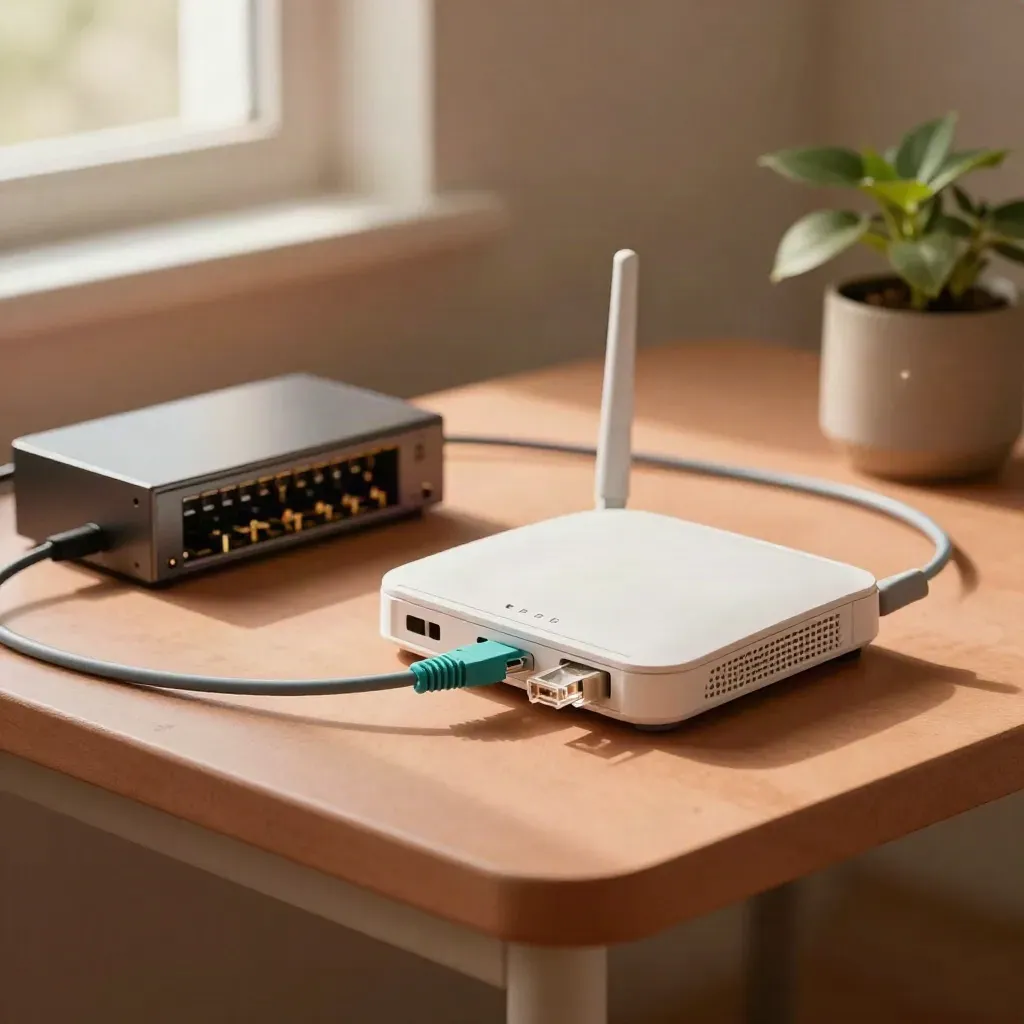 Router, switch i kabel sieciowy obok doniczki z rośliną w ciepłym świetle okna.