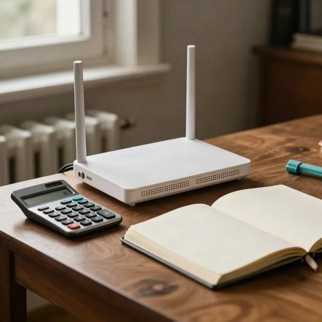 Router, kalkulator i otwarty notes na drewnianym biurku przy miękkim świetle okna.