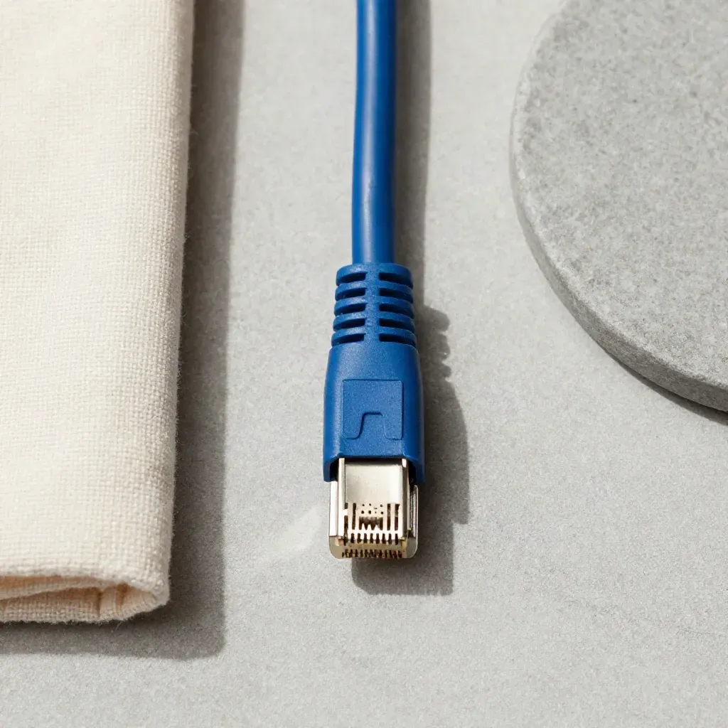 Nadkadr z wtykiem RJ45, niebieskim kablem, kremową tkaniną i kamienną miseczką.