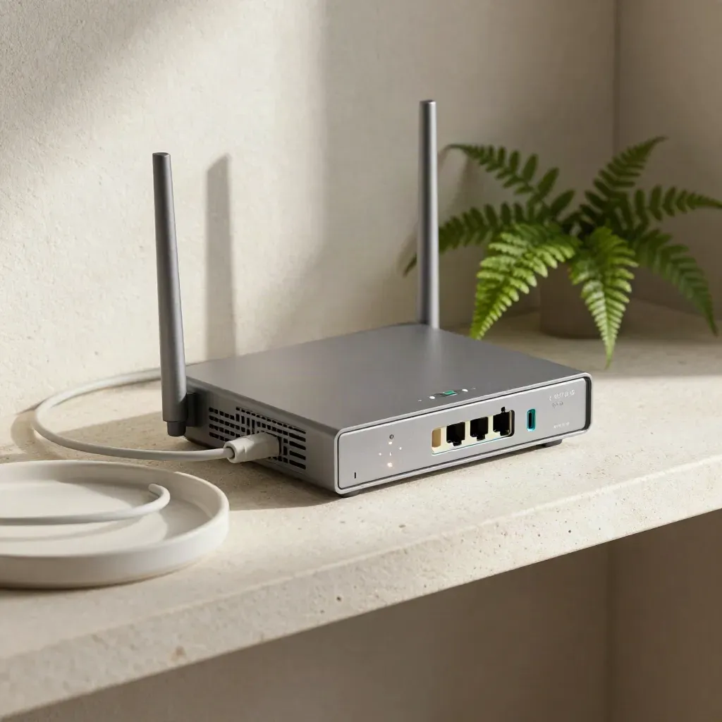 Router na kamiennej półce z kablem i małą paprocią, miękkie światło i spokojny minimalizm.