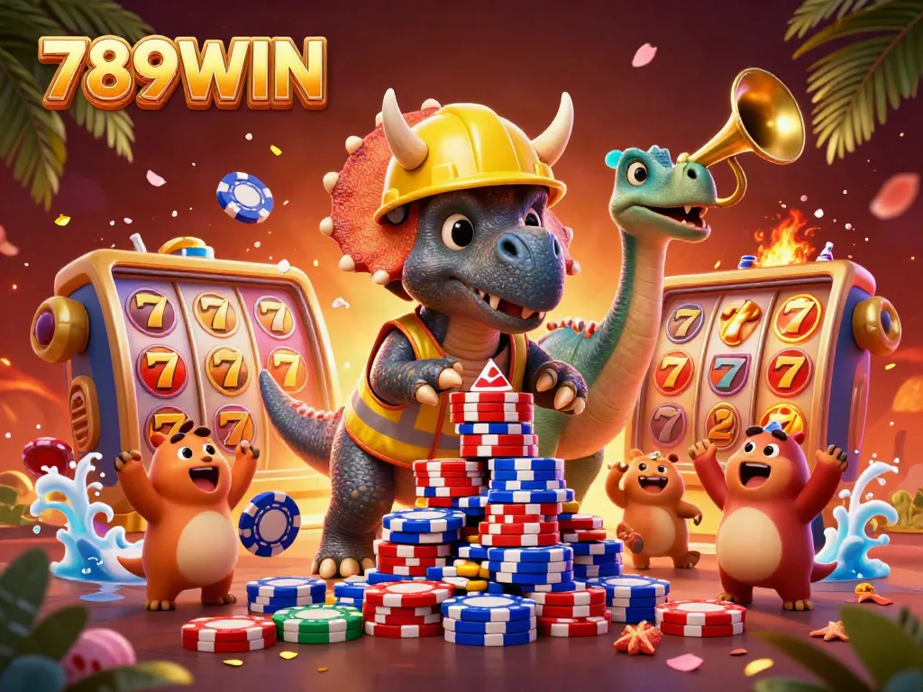 Experience the excitement of 789WIN as a triceratops builds a poker chip pyramid in a colorful casino atmosphere.