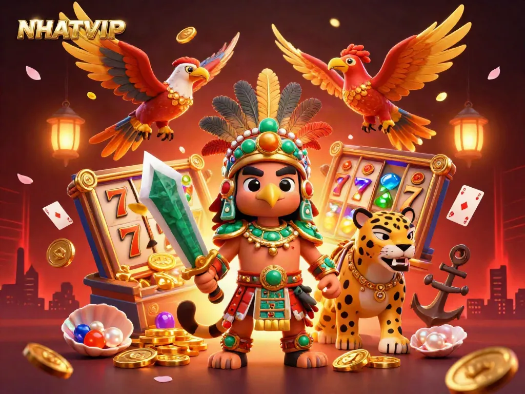 Engage with thrilling NHATVIP slots featuring Aztec warriors and dynamic casino elements.
