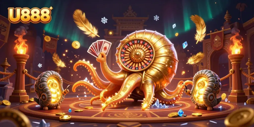 Experience U888's exciting casino scene with a giant nautilus, vibrant colors, and dynamic betting action.