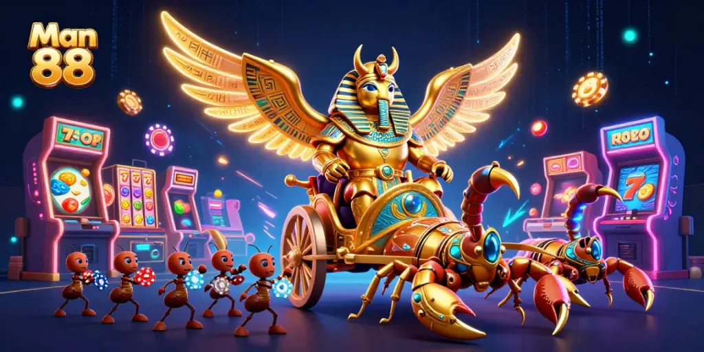 Engage in exciting gameplay with Man 88's vibrant casino scene showcasing jackpot slots and rich prizes.