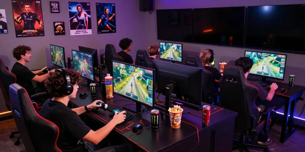 Engaged gamers playing multiplayer games at a vibrant lounge, showcasing kilat404's gaming community.