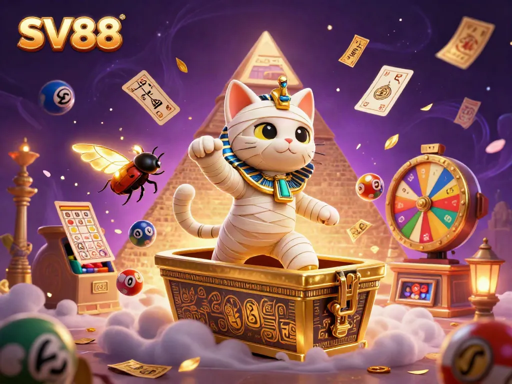Experience the excitement of SV88 with a dynamic 3D illustration featuring a mummy cat and casino elements.