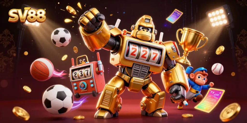 Experience thrilling gaming action at SV88 with a dynamic golden gorilla mech in a casino atmosphere.