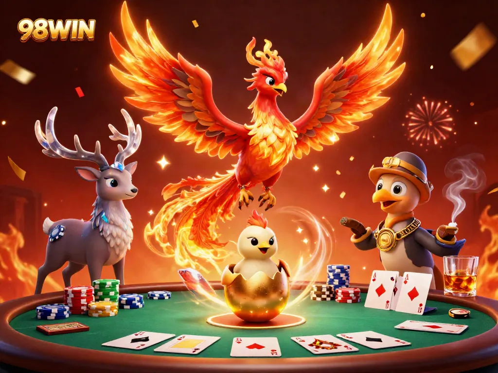 Experience the excitement of 98WIN casino with vibrant 3D phoenix and poker elements.