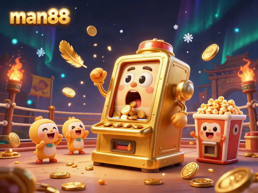 Win big with man88 at the golden slot machine jackpot, surrounded by cheering characters and casino elements.